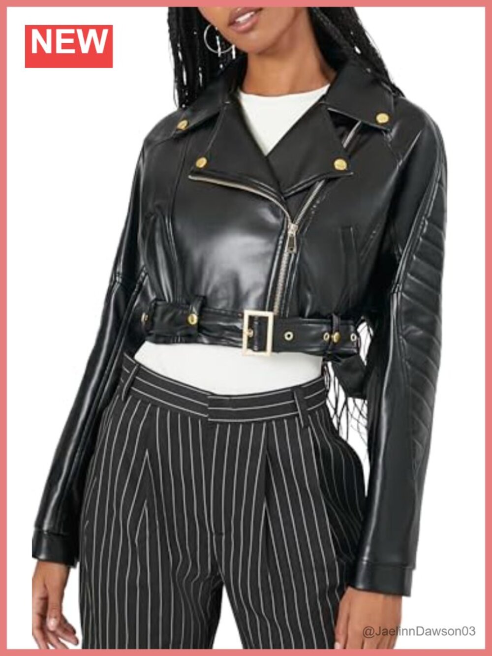 Cropped Faux Leather Moto Jacket Notched Lapel Zip Front Pockets
